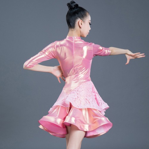 Girls kids light pink glitter latin dance dresses salsa rumba stage performance dress